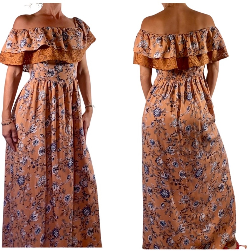 Ruffle Off the Shoulder Floral Burnt Orange Maxi Sundress
